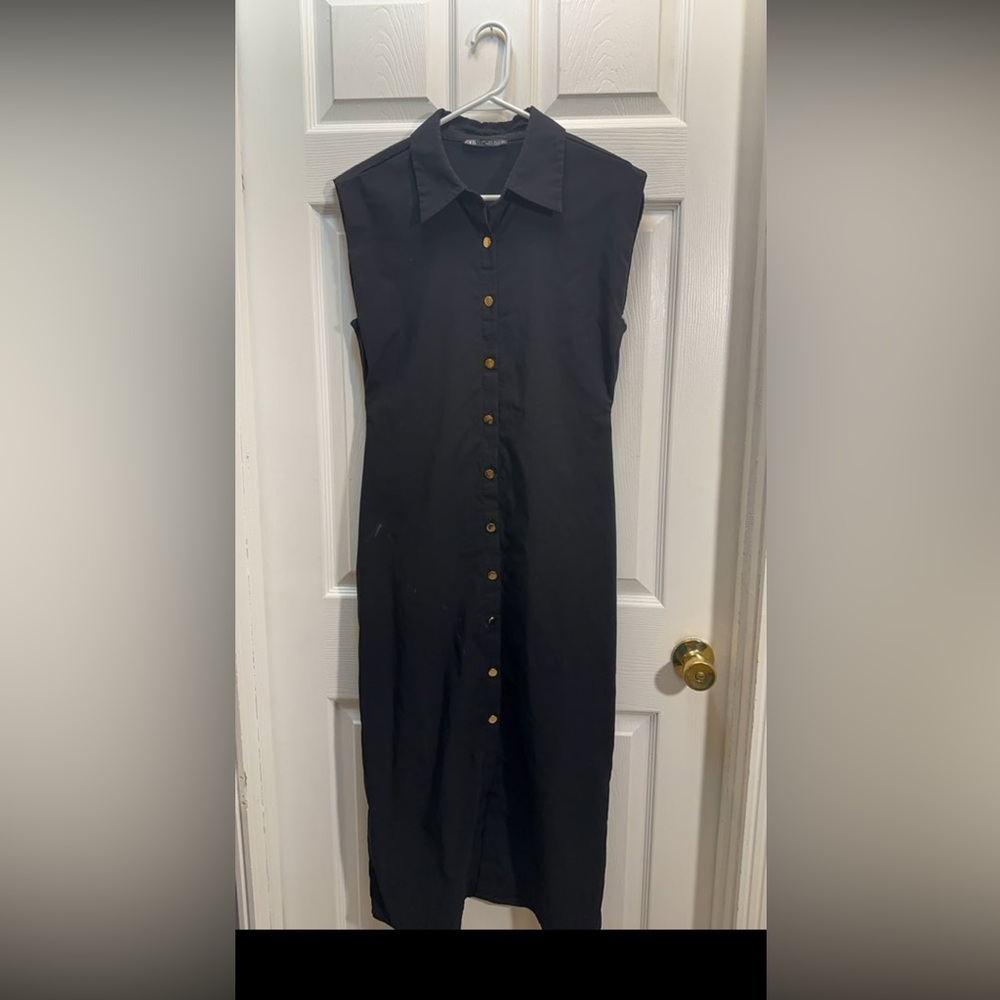 Zara Black Midi Shirt Dress with Gold Buttons